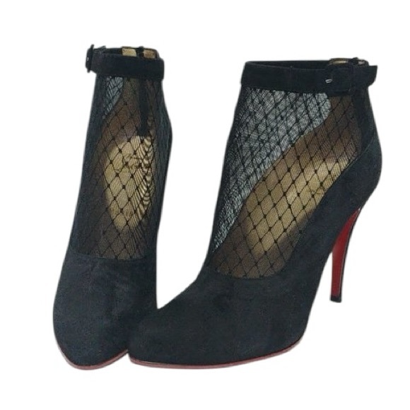 Christian Louboutin "Resillissima 100" Lace Net Stiletto Buckle Suede Heels - Picture 11 of 14